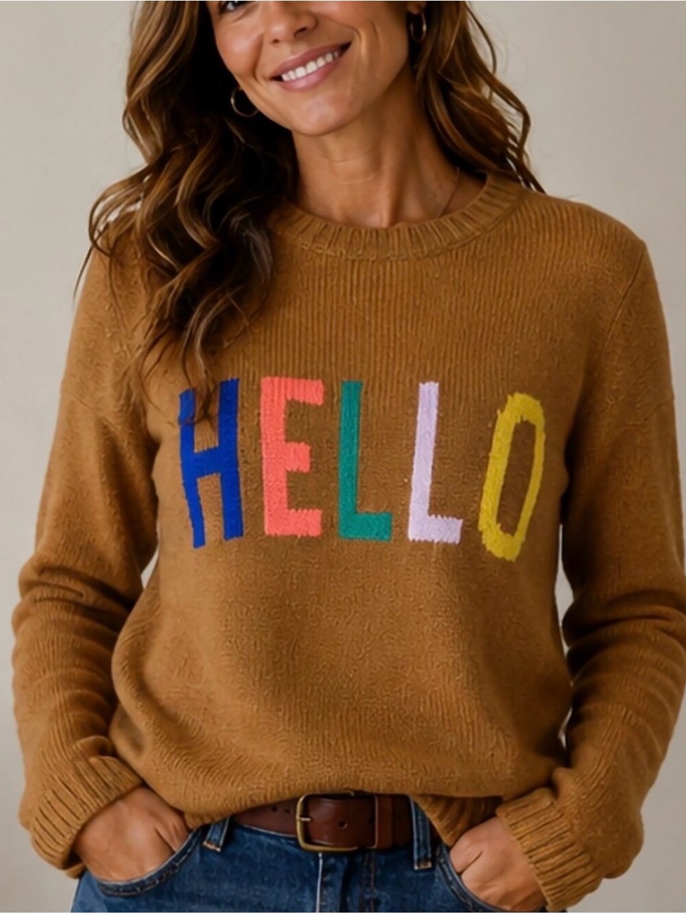 St. John's Bay Brown 'HELLO' Knit Sweater Women’s Size Small Cozy Fall Vibes